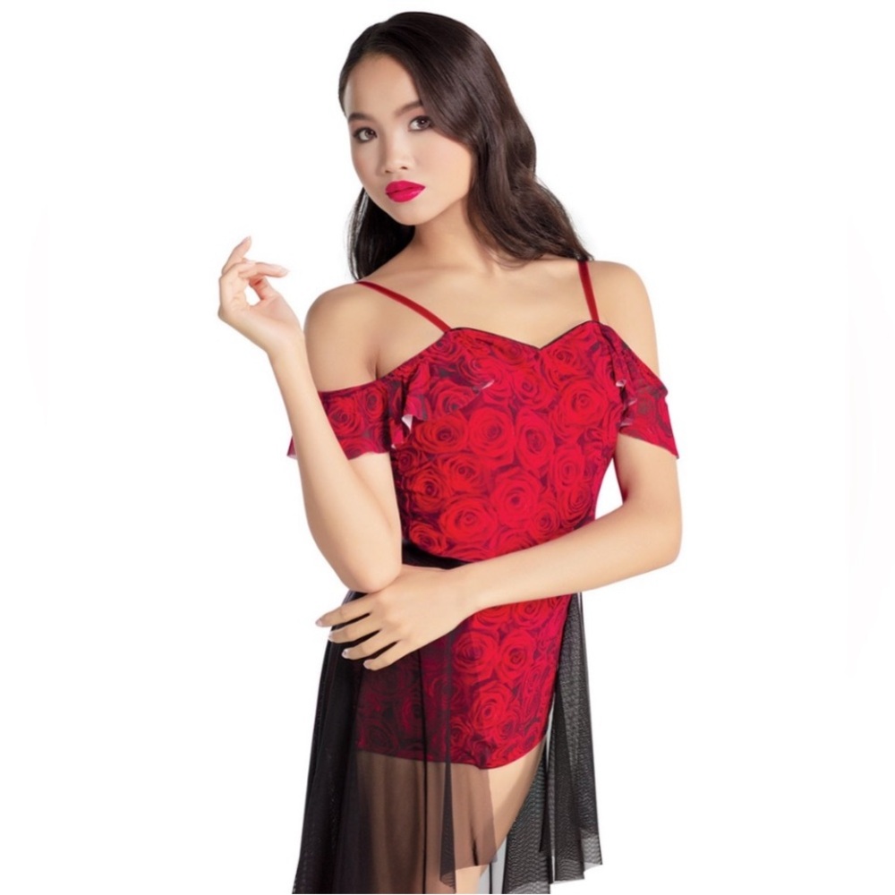 10th House Red Rose Leotard Dance costume with Black sheer skirt Adult small